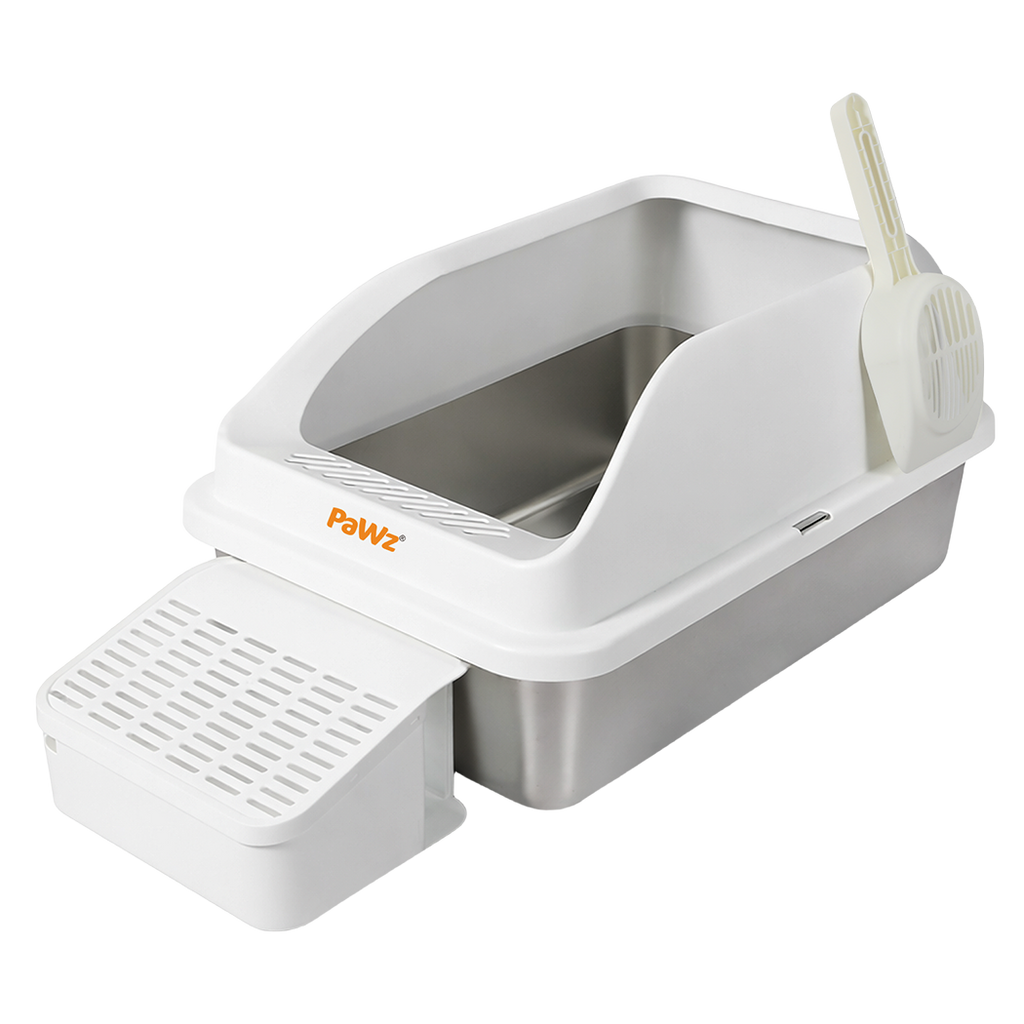 Pawz Stainless Steel Cat Litter Box Big Cats Kitten High Sided Easy Clean White