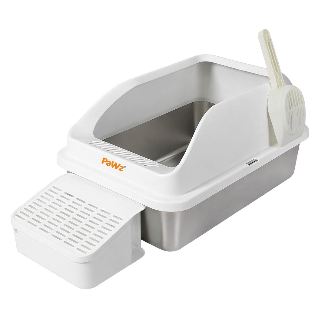 Pawz Stainless Steel Cat Litter Box Big Cats Kitten High Sided Easy Clean White