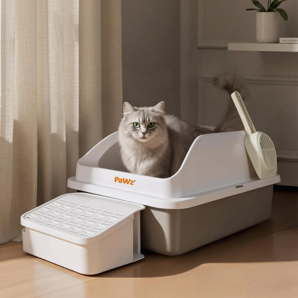 Pawz Stainless Steel Cat Litter Box Big Cats Kitten High Sided Easy Clean White