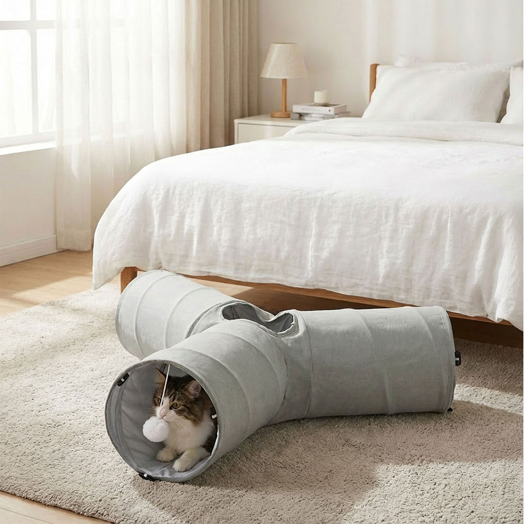 Pawz 3 Way Cat Tunnel Toy Interactive Foldable Tube Indoor Pet 2 Haning Balls