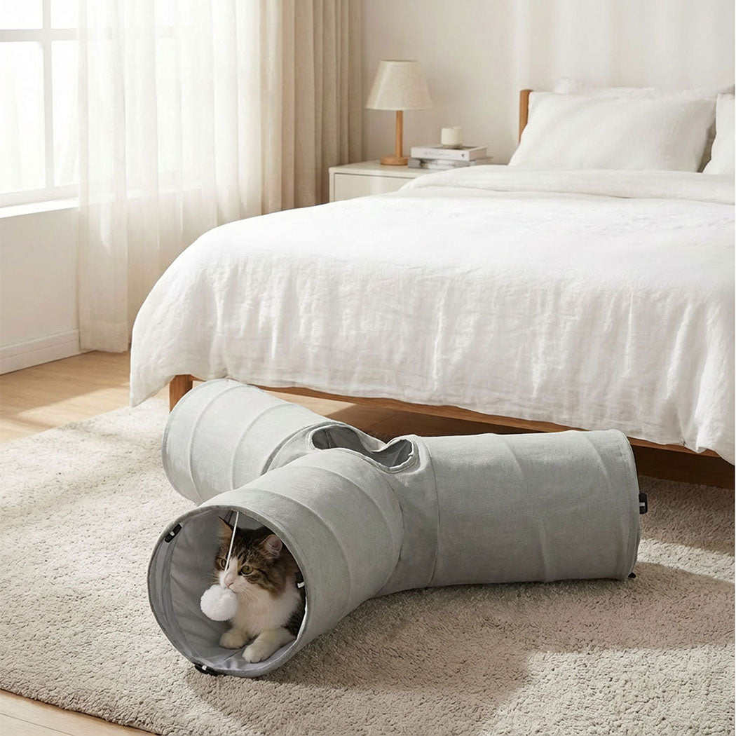 Pawz 3 Way Cat Tunnel Toy Interactive Foldable Tube Indoor Pet 2 Haning Balls